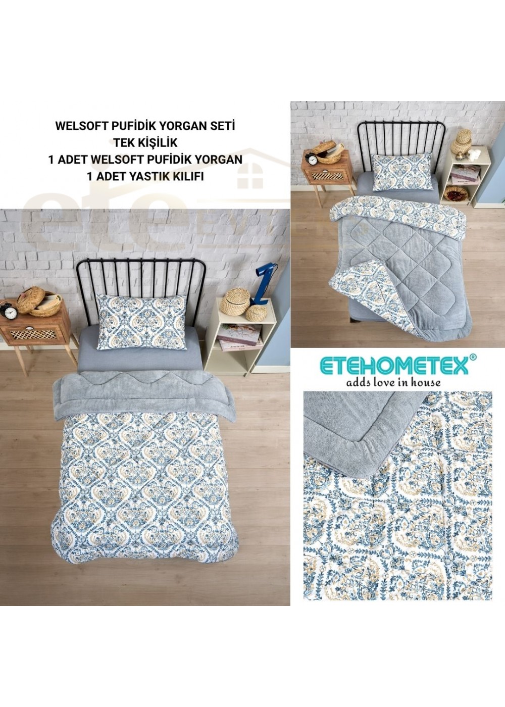 ETE HOMETEX TEK KİŞİLİK LÜX WELSOFT YORGAN SETİ AKSU GRİ 155X215CM 8696474231932